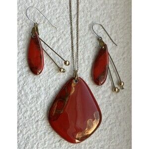 Painted CERAMIC Necklace & Earrings Set Red Gold Tone 90s Artisan